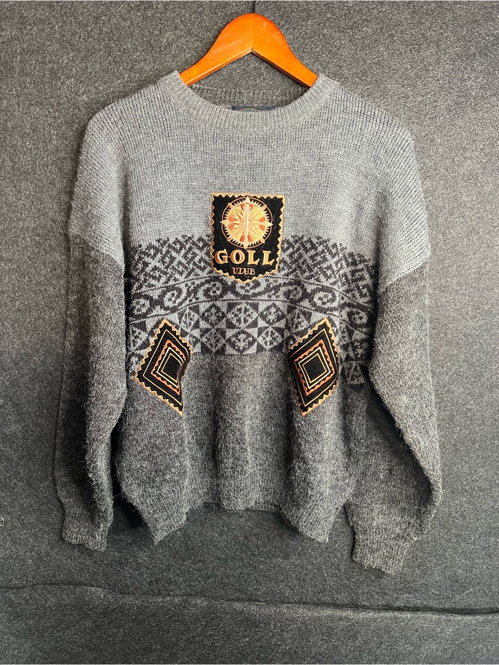 Vintage 90s Geometric Sweater Women's Size M Gray Goll Ulub Embroidered Retro